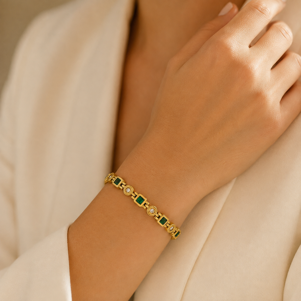 Gold Emerald & Diamond Accent Ceramic Bracelet-EM-GLD-G01