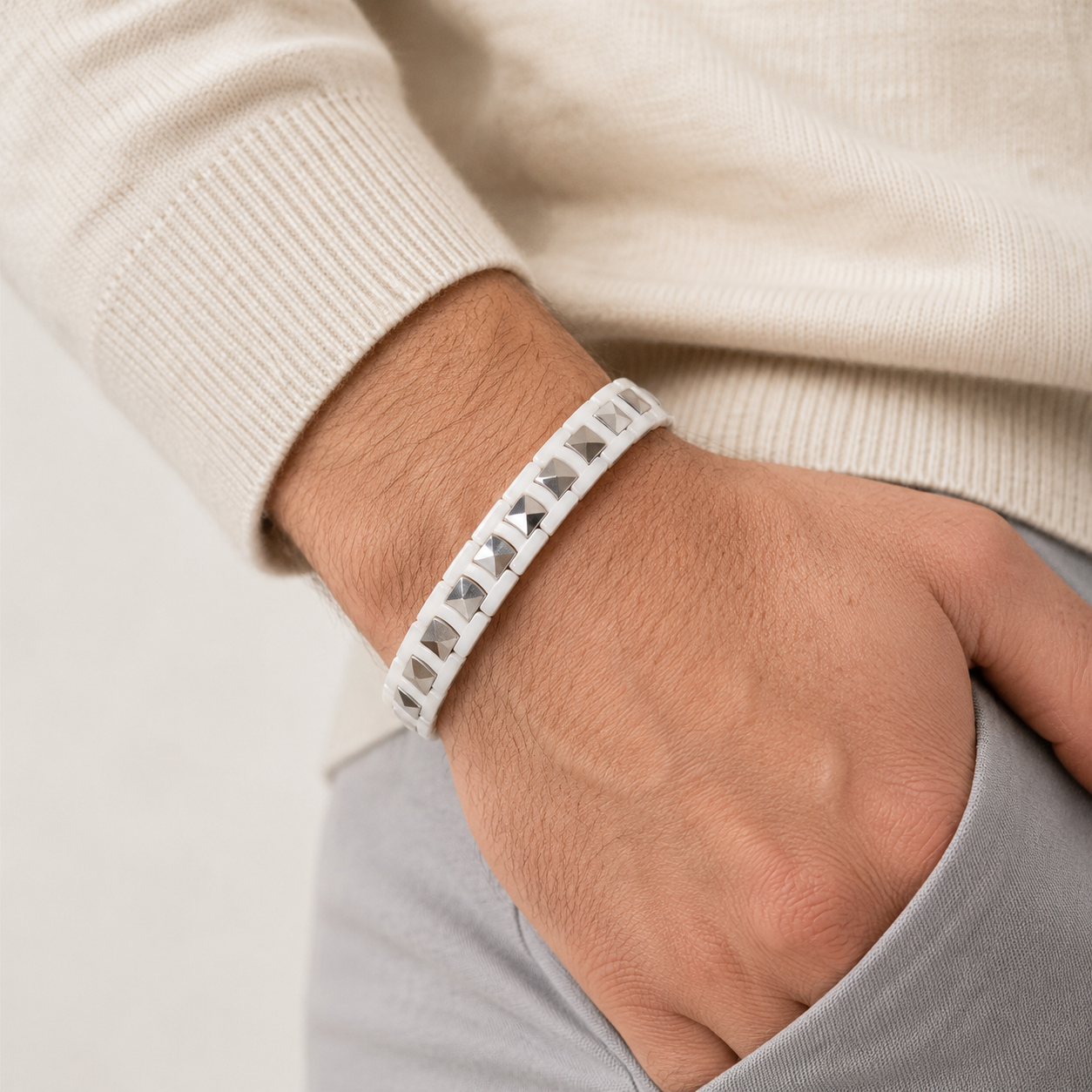 White & Silver Square Two-Tone Ceramic Bracelet-DT-WS-W01