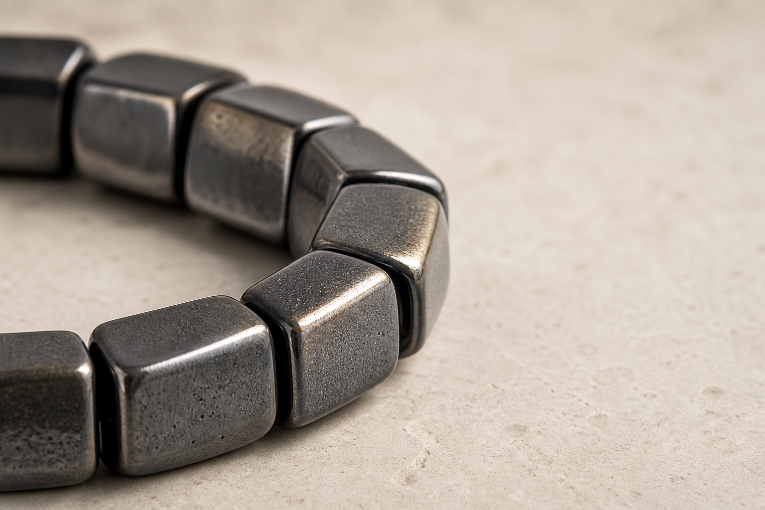 Macro detail of metallic ceramic bracelet beads